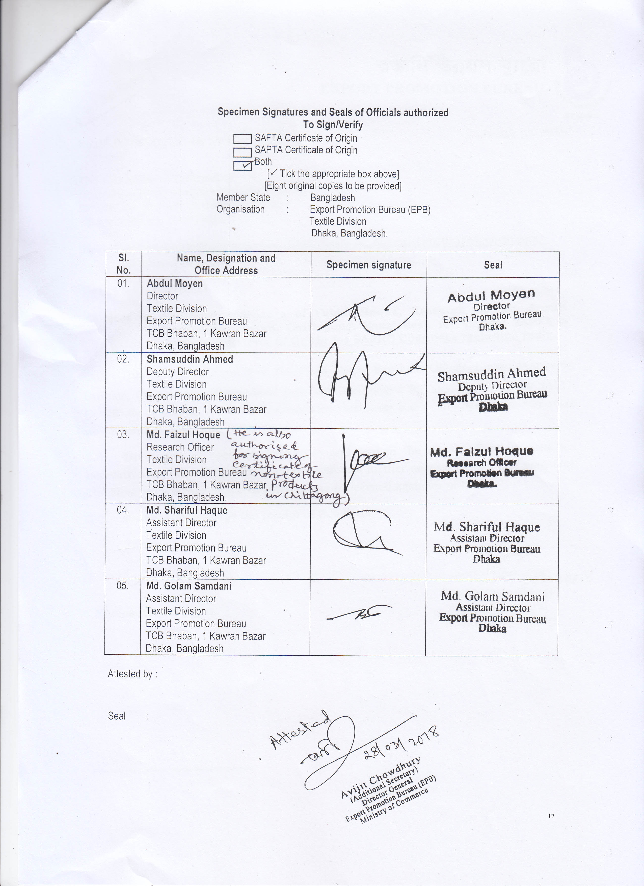 Specimen signatures for SAFTA SAPTA Export Promotion Bureau